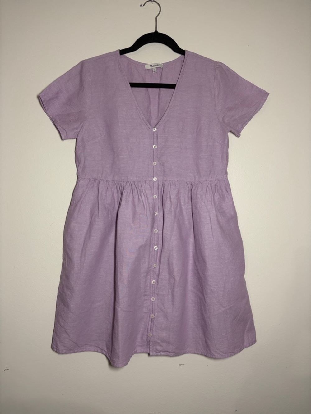 Madewell Button-Front V-Neck Linen Cotton Dress Pockets
